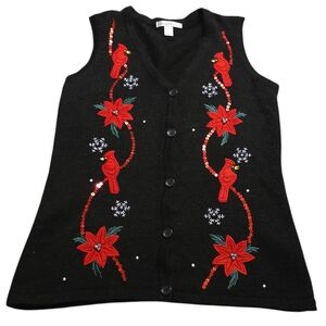 Susan Bristol Christmas Vest Cardinals Poinsettias Holiday‎ Women S
